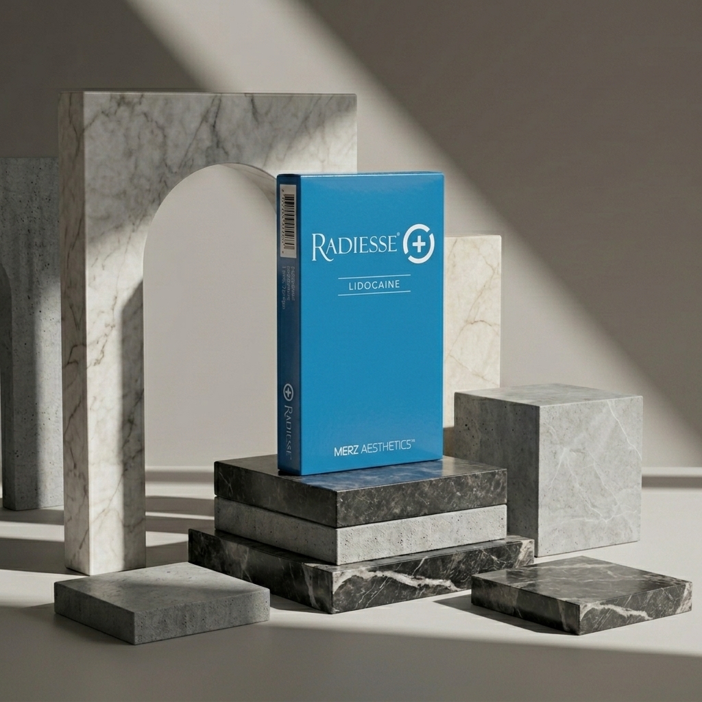 Radiesse box displayed on marble blocks