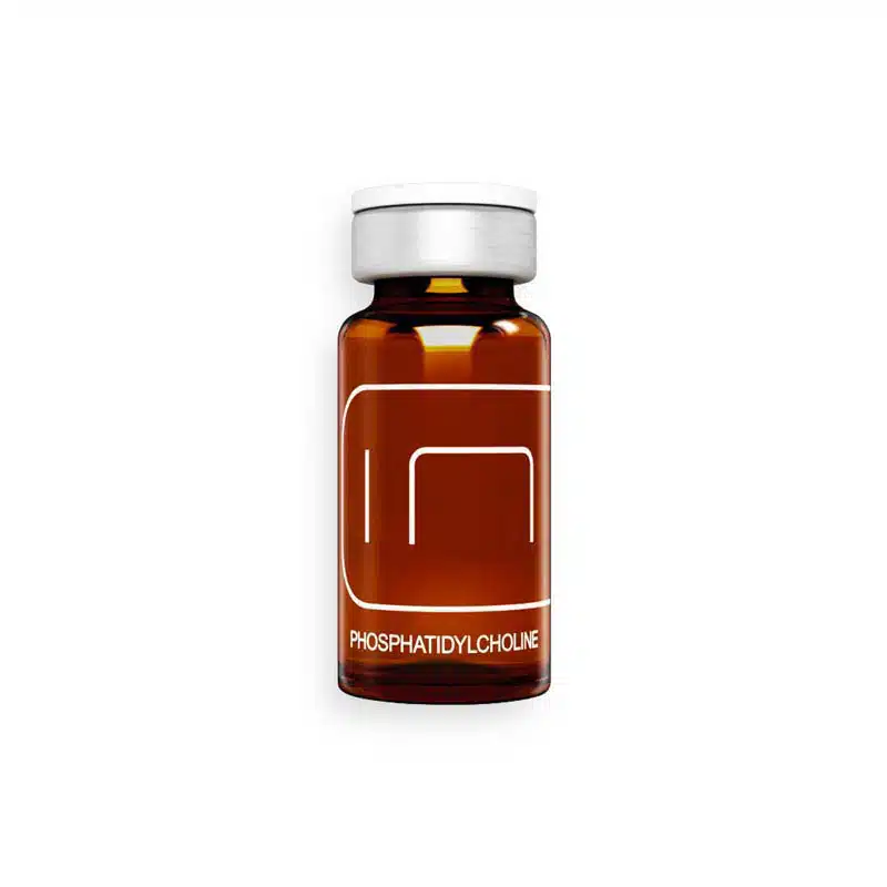 A small, amber-colored glass bottle with a white cap labeled "PHOSPHATIDYLCHOLINE" in white text. The label also features a minimalist white design element. The overall appearance is clean and professional.