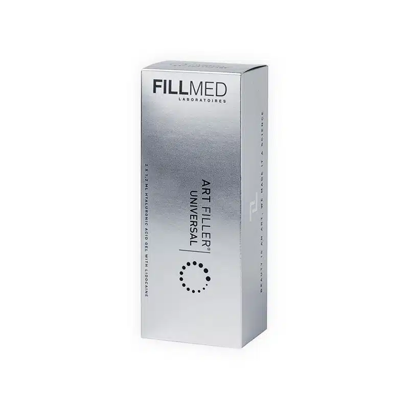 A product box of FILLMED® ART FILLER UNIVERSAL with Lidocaine, showing the text and logo. The box is silver and white, featuring a sleek design with minimalistic labeling. The main text is prominently displayed on the front with additional details on the side.