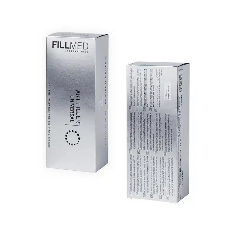 Two boxes of FILLMED® ART FILLER UNIVERSAL with Lidocaine are shown. The front of one box displays the brand name "FILLMED Laboratories" and "Art Filler Universal" in bold black text on a gray and white gradient background. The back of the other box lists product details.
