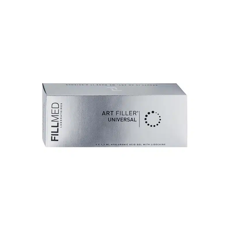 A rectangular silver box labeled "FILLMED LABORATOIRES" on the left side and "FILLMED® ART FILLER UNIVERSAL with Lidocaine" in the center with a circular design. The box also includes text about hyaluronic acid gel with lidocaine and contains 3 x 1.2 ml syringes.
