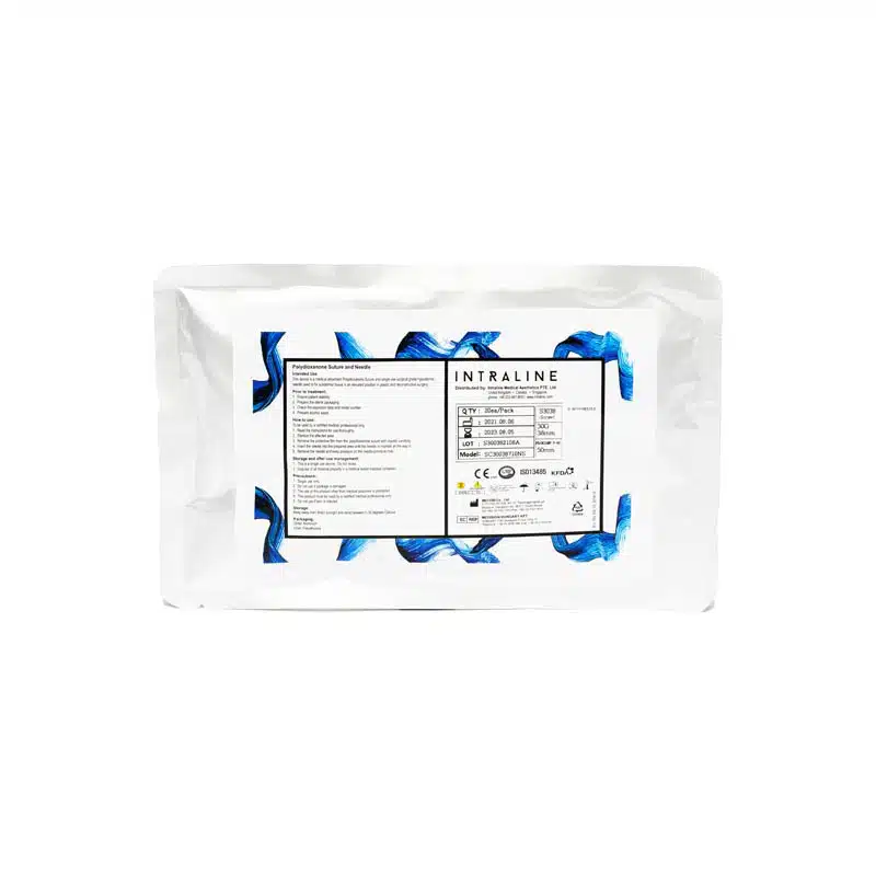 A white rectangular package labeled "INTRALINE® MONO M3038 - 30G 38mm/50mm" in the center, featuring a medical information panel with text, symbols, and barcodes. The design includes blue abstract wave patterns on the top and bottom borders of the package.