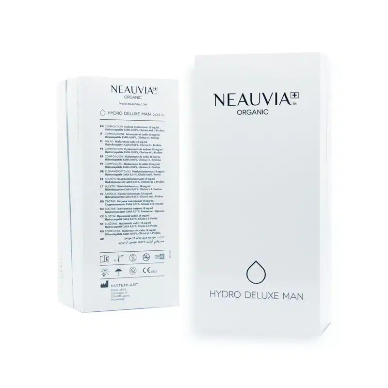 Two white boxes of NEAUVIA™ ORGANIC HYDRO DELUXE MAN appear in the image. The front of the left box displays detailed product information, while the right box shows a minimalistic design with the product name and a water droplet icon.