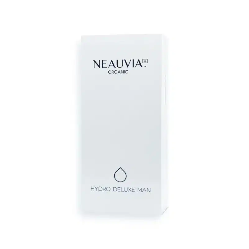A white product box with "Neauvia Organic" written at the top, a drop icon in the middle, and "NEAUVIA™ ORGANIC HYDRO DELUXE MAN" written at the bottom. The packaging is minimalistic with a clean design.