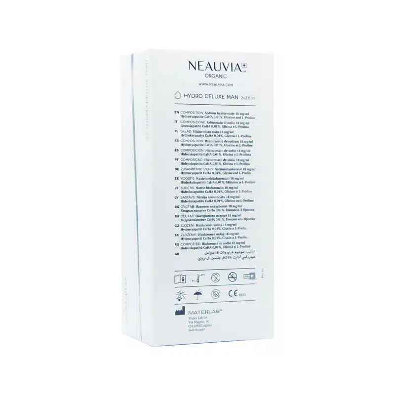 White rectangular packaging of NEAUVIA™ ORGANIC HYDRO DELUXE MAN, 2x2.5 ml. The box displays a list of ingredients in multiple languages, product and brand names, and various certification symbols near the bottom.