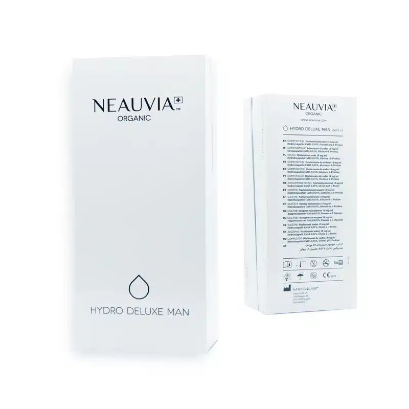 The image shows two white product boxes of NEAUVIA™ ORGANIC HYDRO DELUXE MAN. The box on the left displays the brand name and product title, while the box on the right shows detailed product information and ingredients in small text.