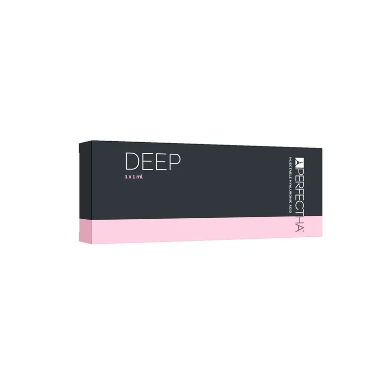 A rectangular black box with a pink strip along the bottom and white text that reads "DEEP 1 x 1mL" on the top left and "PERFECTHA® DEEP" along the right side.