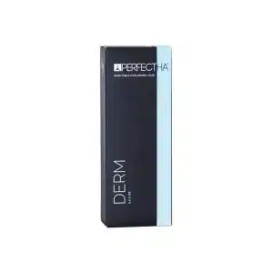 A sleek black and light teal box of PERFECTHA® DERM, an injectable hyaluronic acid product. The packaging is modern with minimalistic text. The word "DERM" is prominently displayed in white on the front.