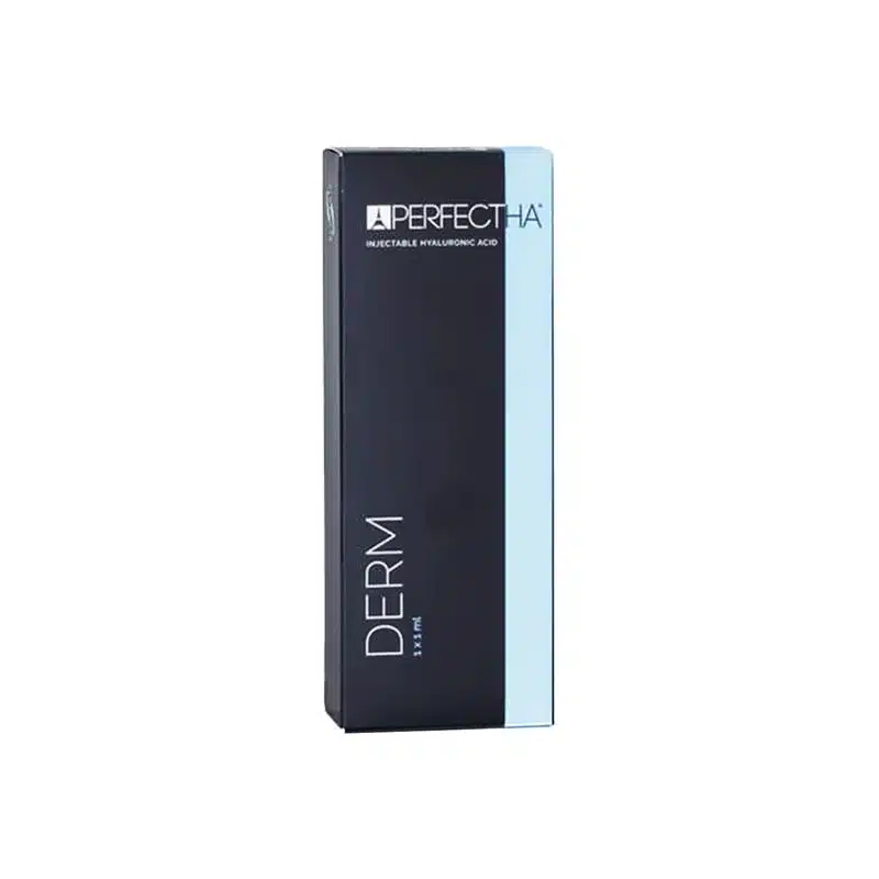 A sleek black and light teal box of PERFECTHA® DERM, an injectable hyaluronic acid product. The packaging is modern with minimalistic text. The word "DERM" is prominently displayed in white on the front.