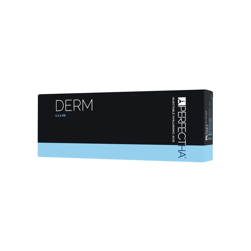 A rectangular black and blue box labeled "PERFECTHA® DERM 1 x 1 mL" on the front side. The box likely contains a medical or cosmetic product. The right side of the box shows the brand name "PERFECTHA" with some text.