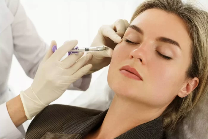 A woman with closed eyes is lying on a medical bed while a person wearing gloves administers an injection to her cheek. She appears relaxed, and the environment looks clinical and professional, typical of treatments involving saypha vs radiesse.