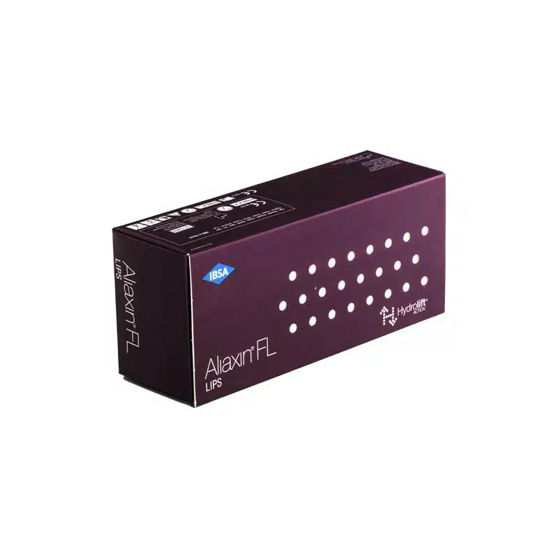 A box of ALIAXIN® FL by IBSA is shown. The packaging is dark purple with white text and dots, featuring the IBSA and Hydrolift symbols. The box appears sleek and professional, indicating a product related to lip enhancement or care.