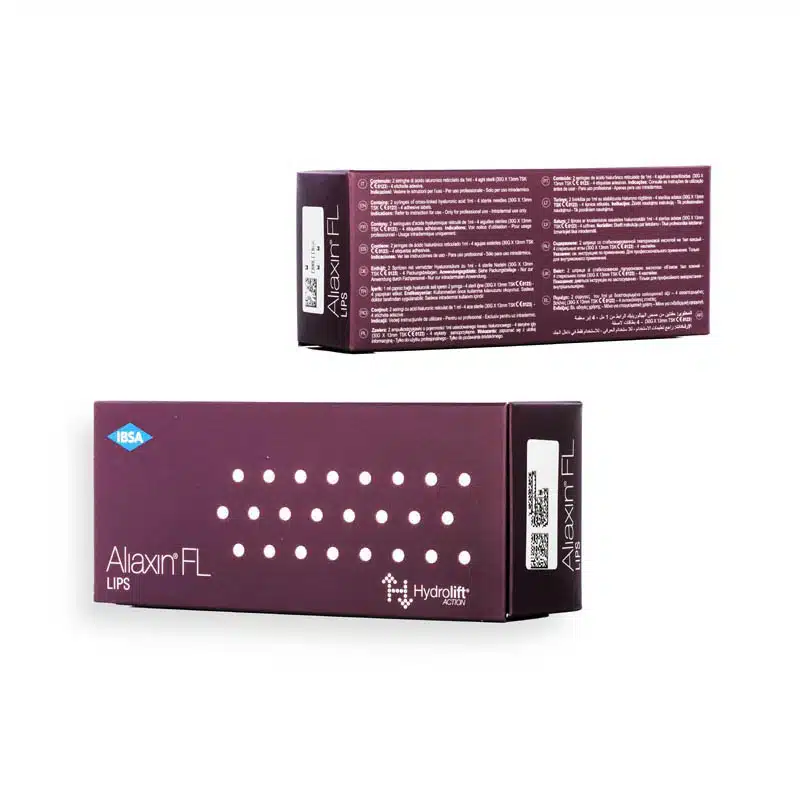 The image shows two purple rectangular boxes of ALIAXIN® FL, a product by IBSA. The front of the box features the product name and branding, with dot patterns, while the back has detailed text. Both boxes are positioned to show multiple angles.