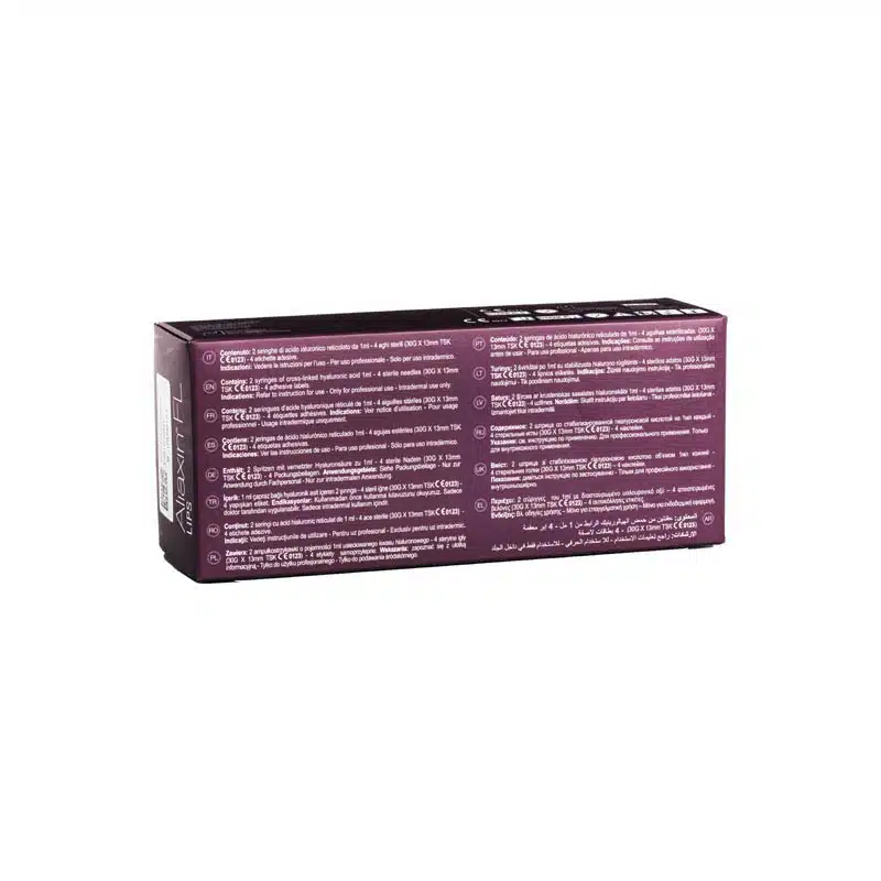 A rectangular, dark purple box with various instructions and information printed in multiple languages on one side. The text appears to be detailed and organized in small sections. The packaging is likely for a consumer product: ALIAXIN® FL.