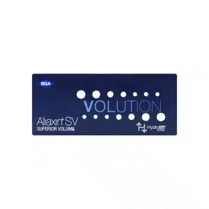 A dark blue rectangular product box labeled "IBSA" on the top left corner. The text "ALIAXIN® SV" appears on the left. The word "VOLUTION" is prominently featured in the center with circular dots, accompanied by the "Hydrolift® Action" logo on the right.