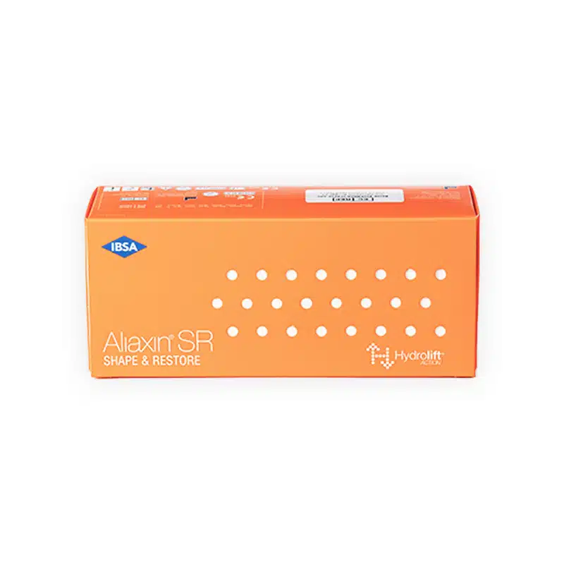 An orange rectangular box of ALIAXIN® SR from IBSA and Hydrolift. It has white text and a pattern of white dots on the front.
