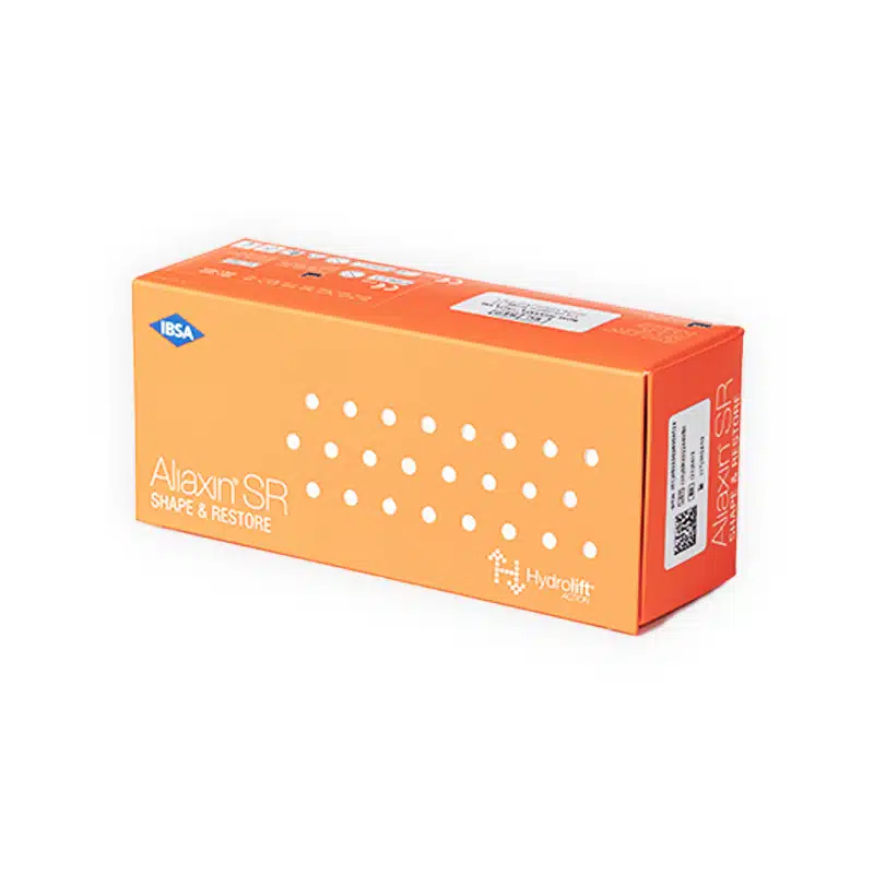 Image of a rectangular orange box labeled "ALIAXIN® SR" in white text. It features the IBSA logo on the top left corner. The box has white dots forming a pattern and product details printed on various sides.