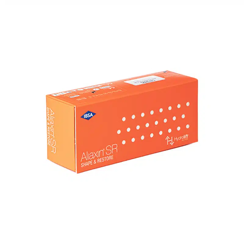 An orange rectangular box with white dots and text reading "ALIAXIN® SR." The box also features a blue IBSA logo and a small white and red emblem on the bottom right corner.