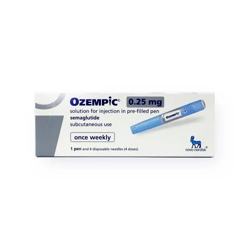 Image of an OZEMPIC® 0.25mg injection pen box. The text on the box indicates it is a pre-filled pen with semaglutide for subcutaneous use, to be used once weekly. The box includes one pen and four disposable needles (4 doses). The Novo Nordisk logo is visible.