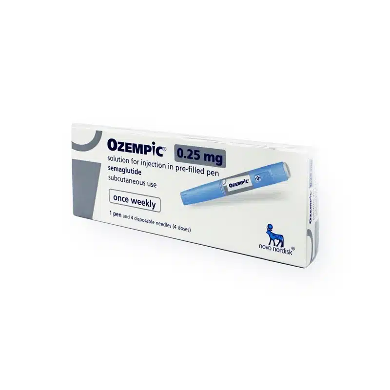 A white and blue OZEMPIC® 0.25mg box displaying a pre-filled pen for subcutaneous use. The packaging states it is a solution for injection of semaglutide, to be used once weekly, containing one pen and four disposable needles. Manufactured by Novo Nordisk.