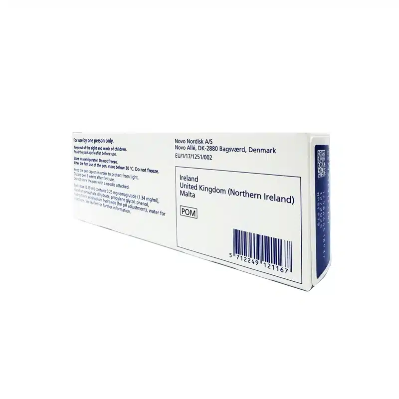 The image shows the back side of a rectangular white medical box of OZEMPIC® 0.25mg with text, barcodes, and packaging information, including manufacturing details like the name and address of Novo Nordisk A/S, usage instructions in fine print, and a list of specific countries, including Ireland and Malta.