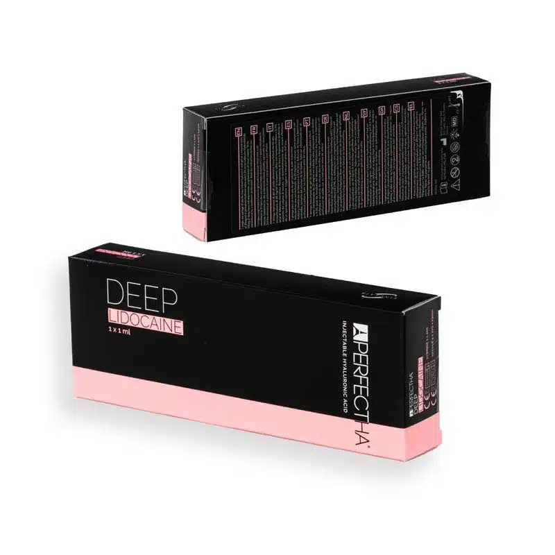 The image shows two black and pink boxes of "PERFECTHA® DEEP Lidocaine" by "Derexha." One box is positioned upright, displaying the front side with the product name, while the other box lies flat, showcasing detailed information on the back.