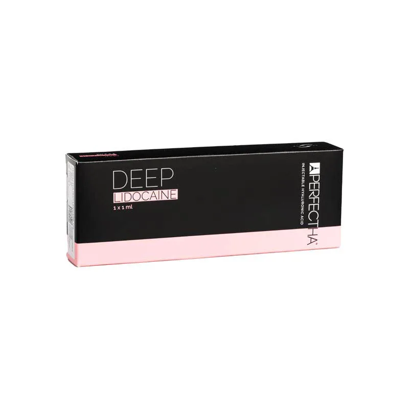 A black and pink rectangular box of "PERFECTHA® DEEP Lidocaine," which contains 1 x 1 mL. The box has the brand name "Perfectha" and product information written in white and pink text on the front.