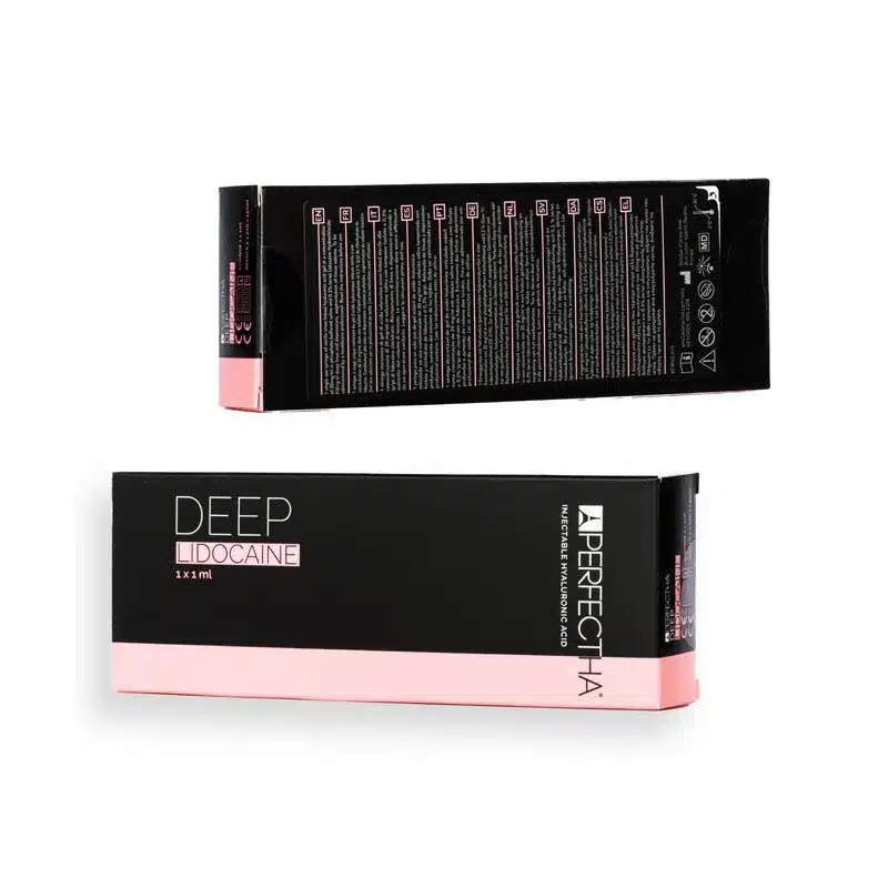Image of a black rectangular box with pink accents labeled "PERFECTHA® DEEP Lidocaine 1 x 1 ml" by the brand "Perfecta." The box has text and icons indicating product details and instructions. One box is shown closed, and another is positioned to display its top view.