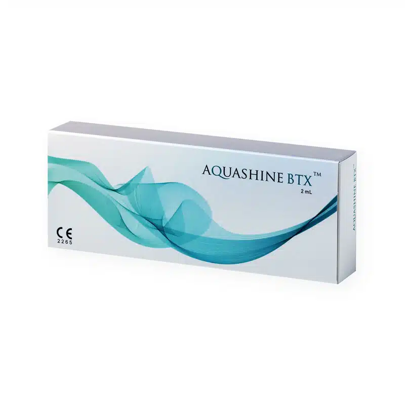 The image shows the packaging for REVOFIL AQUASHINE PTX - 2 Pre-Filled Syringes, a 2 ml product. The box features a white background with blue and green abstract wave designs. The text "REVOFIL AQUASHINE PTX - 2 Pre-Filled Syringes" is visible, along with a CE mark and the number 2265.