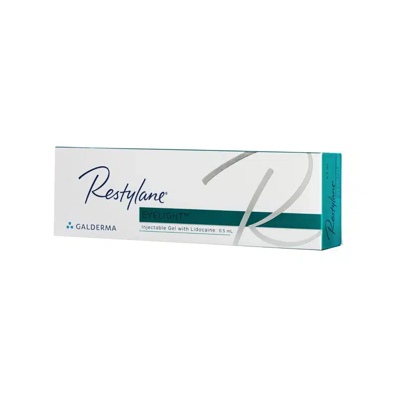 A rectangular white box with turquoise accents, labeled "RESTYLANE® EYELIGHT™," containing injectable gel with lidocaine 0.5 mL by Galderma. The box features a stylized 'R' logo and text in dark blue.