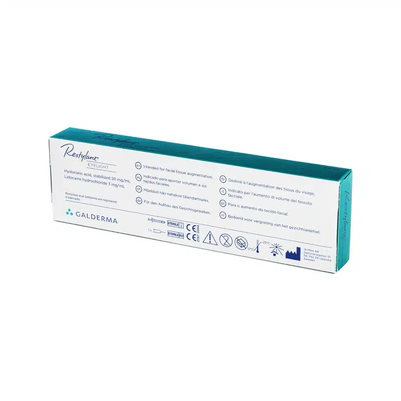 A white and teal box of RESTYLANE® EYELIGHT™ by Galderma is shown. The packaging lists intended uses such as facial tissue augmentation and provides instructions and warnings in multiple languages. Various symbols and the CE mark are also visible.