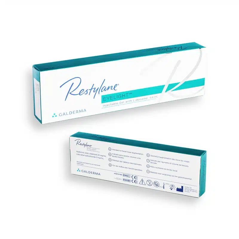 Image of two teal and white boxes of RESTYLANE® EYELIGHT™, an injectable gel with lidocaine (0.3%). One box displays the product name prominently, while the other shows text and symbols on the back, including the Galderma logo and usage instructions.