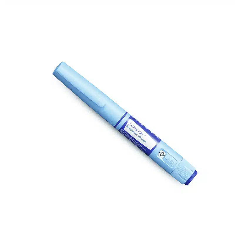 A blue SAXENDA® 6mg/ml - 3 Syringes (Italian) with a white label and dosage indicator is shown against a plain white background. The pen is capped, indicating it is not currently in use.
