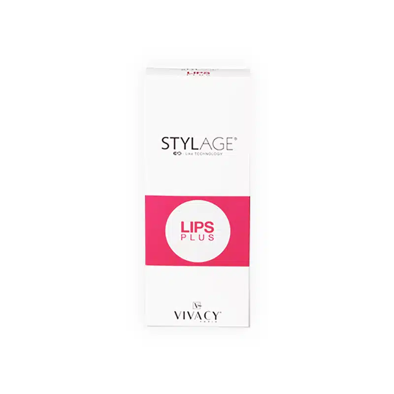 A white box with "STYLAGE® LIPS PLUS BI-SOFT®" written on the front along with the Stylage logo and the Vivacy logo at the bottom. The box has a pink circular label in the center with the words "Lips Plus.
