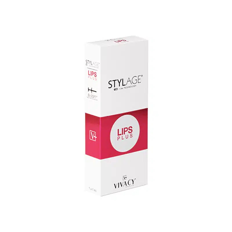 A rectangular white and pink box labeled "STYLAGE® LIPS PLUS BI-SOFT®" with an arrow pointing to the phrase "3D technology." The bottom part of the box is labeled "Vivacy." The box is slightly inclined and against a white background.