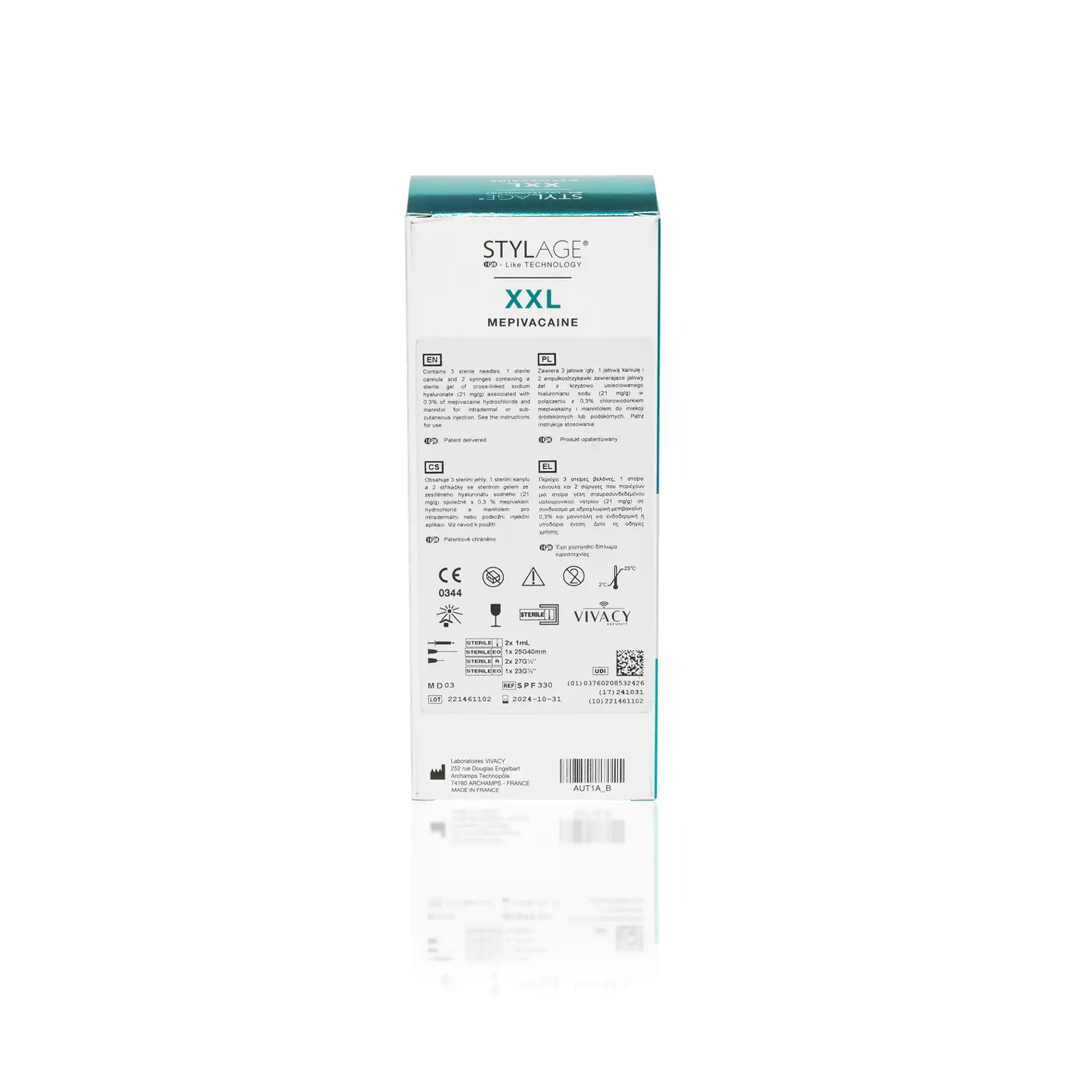 Back view of a STYLAGE® XXL BI-SOFT® Mepivacaine medical product packaging. The box is primarily white with teal accents and contains detailed information and instructions in multiple languages. Branding logos, certifications, and barcodes are visible near the bottom.