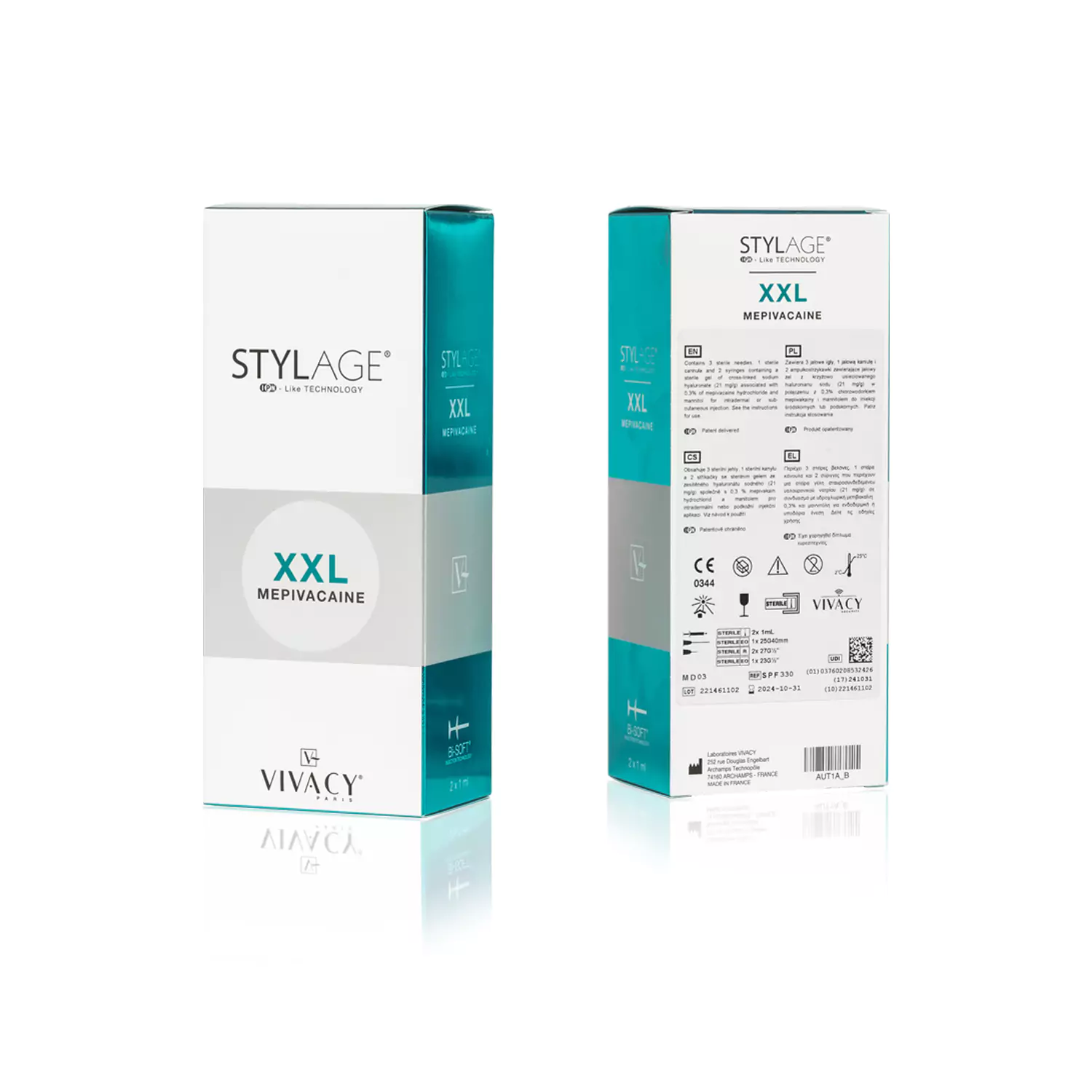 Two boxes of STYLAGE® XXL BI-SOFT® Mepivacaine are displayed. The front box shows the product name and branding, while the back box displays detailed product information, usage instructions, and manufacturer details in multiple languages. The boxes are white and teal.