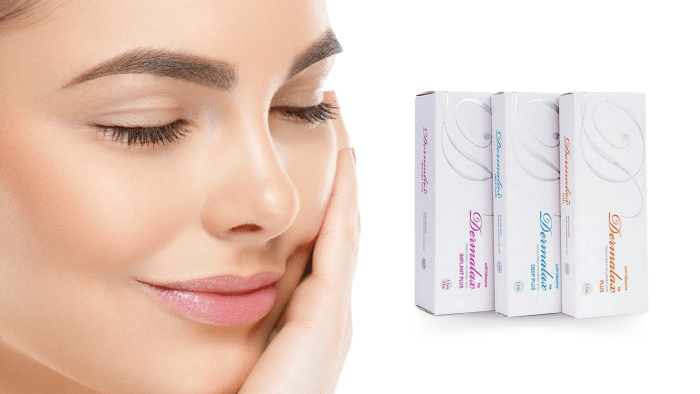 A close-up of a woman's face with closed eyes, smiling gently and touching her cheek. Next to her are three boxes of a skincare product, arranged vertically from left to right with different colored accents, labeled "Dermaheal." Ever wondered how does Dermalax work? Discover the secret behind that radiant smile.