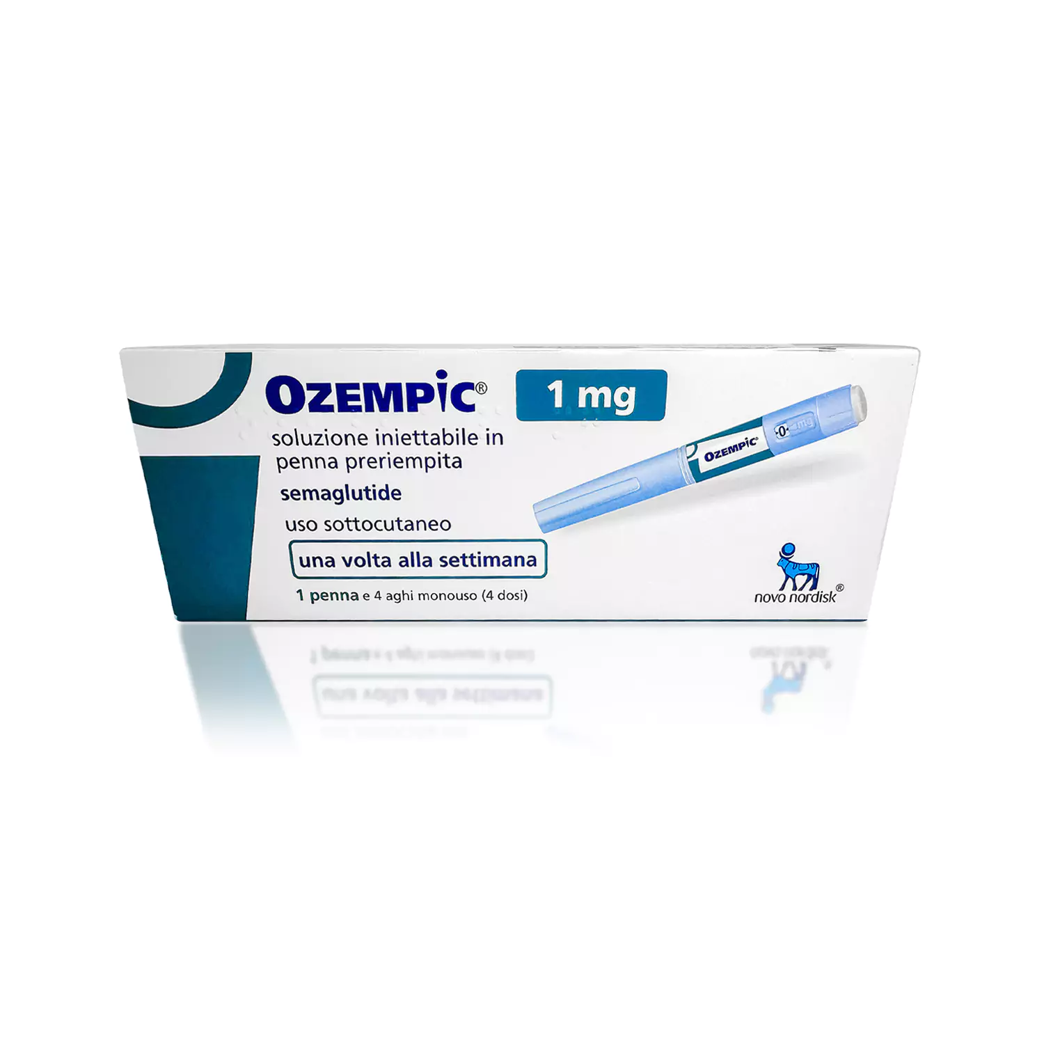 A box of OZEMPIC® 1mg (Italian), a pre-filled injection pen for subcutaneous use, containing semaglutide for weekly administration. The packaging shows the pen and provides information in Italian. The Novo Nordisk logo is visible at the bottom right.