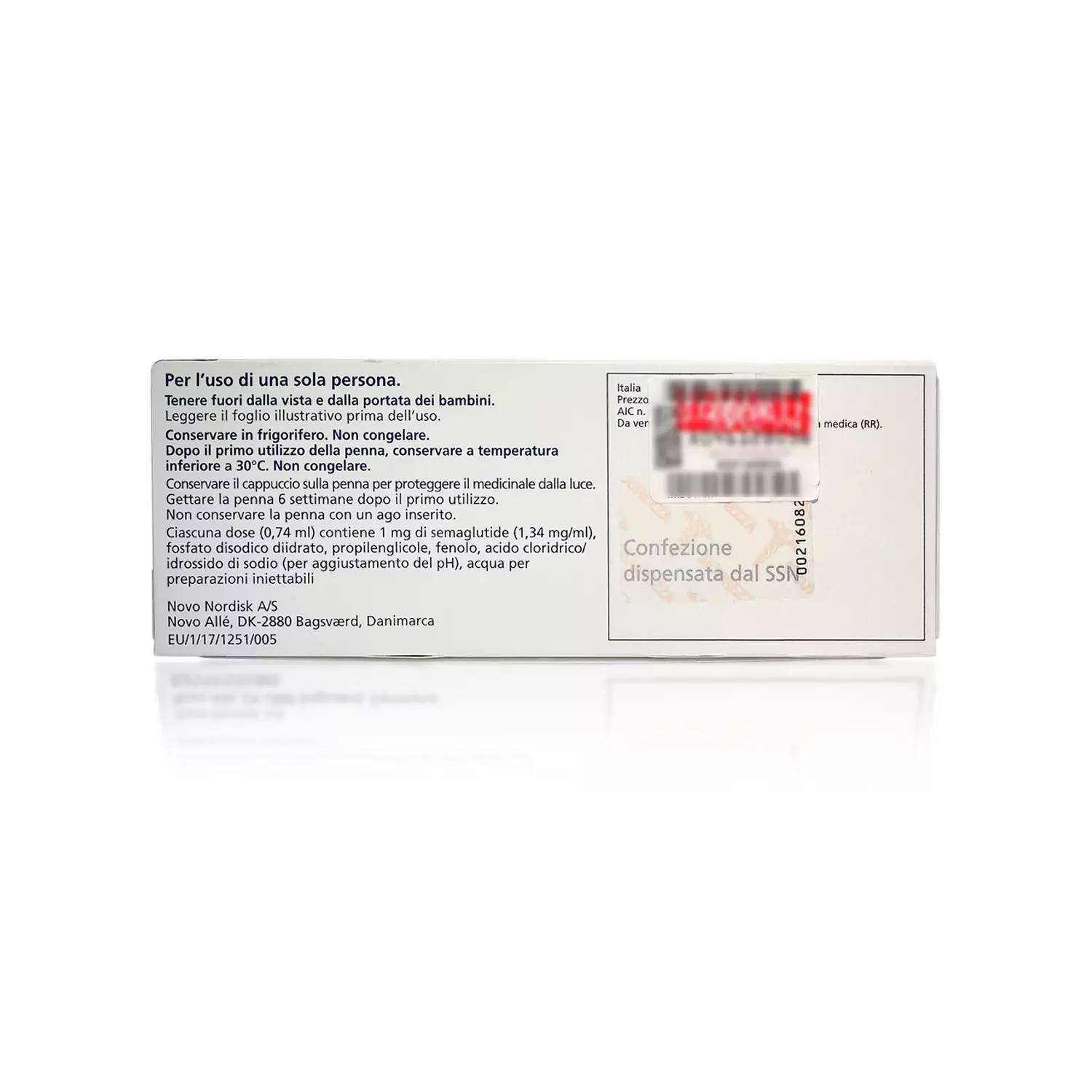 An image of a pharmaceutical medication box, displaying text mainly in Italian. The text includes usage instructions, storage conditions, and manufacturer information for OZEMPIC® 1mg (Italian). Specific content and branding have been blurred for privacy.