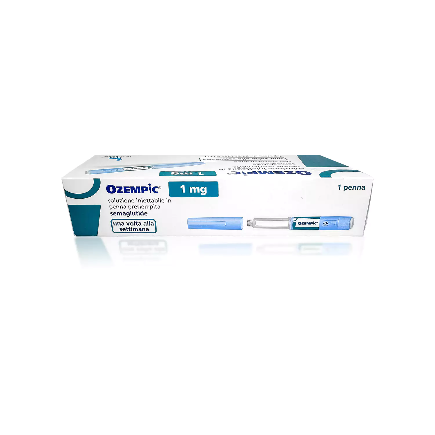 A box of OZEMPIC® 1mg (Italian) solution, pre-filled pen injector with semaglutide for weekly use, is shown. The box is white and teal with an image of the pre-filled pen and text in Italian indicating dosage and instructions.