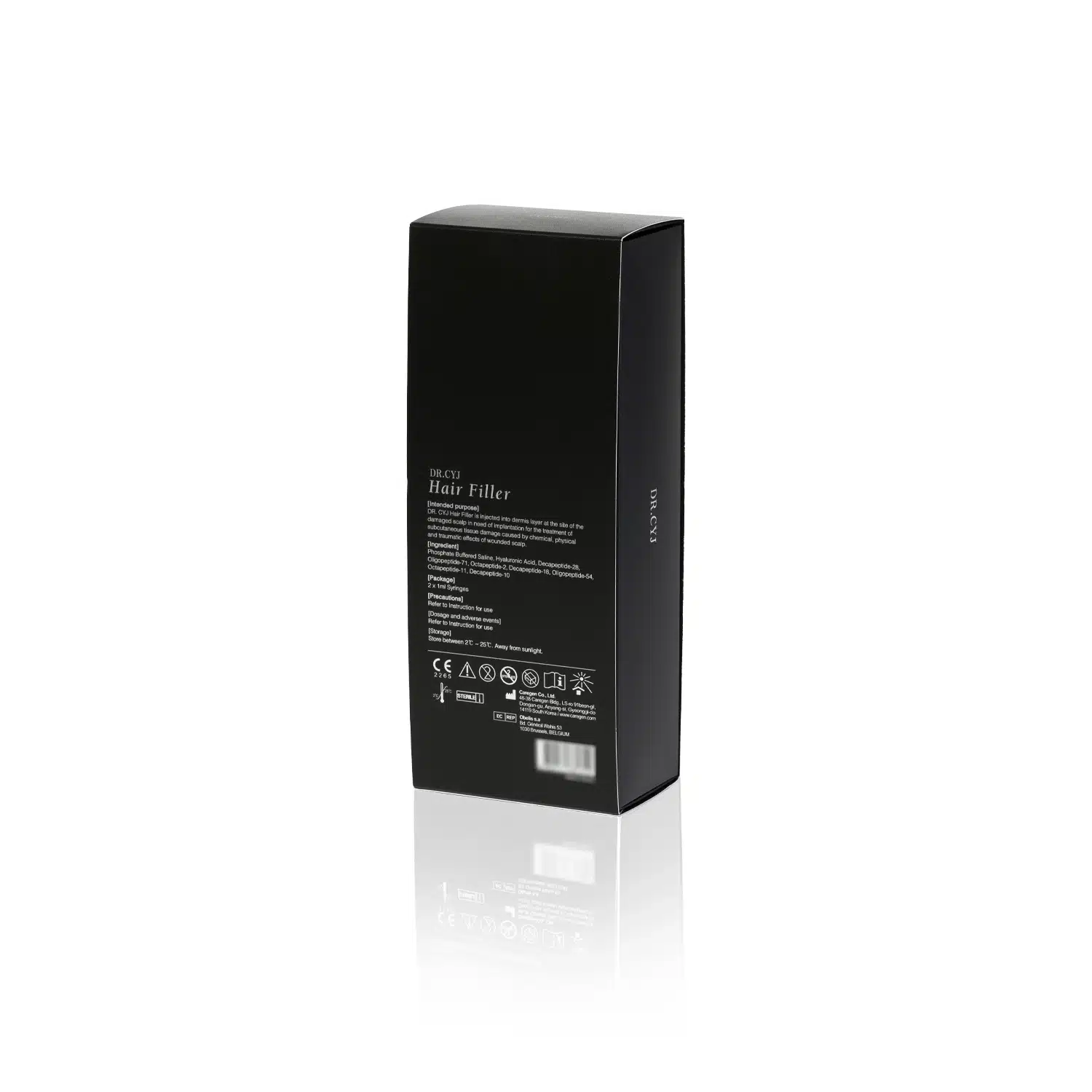 A sleek, black rectangular box with minimal text on its front and back. The box is standing upright on a reflective surface. The text includes technical information, usage instructions, and various symbols at the bottom. On the box is the name "DR. CYJ HAIR FILLER 2x1ml.