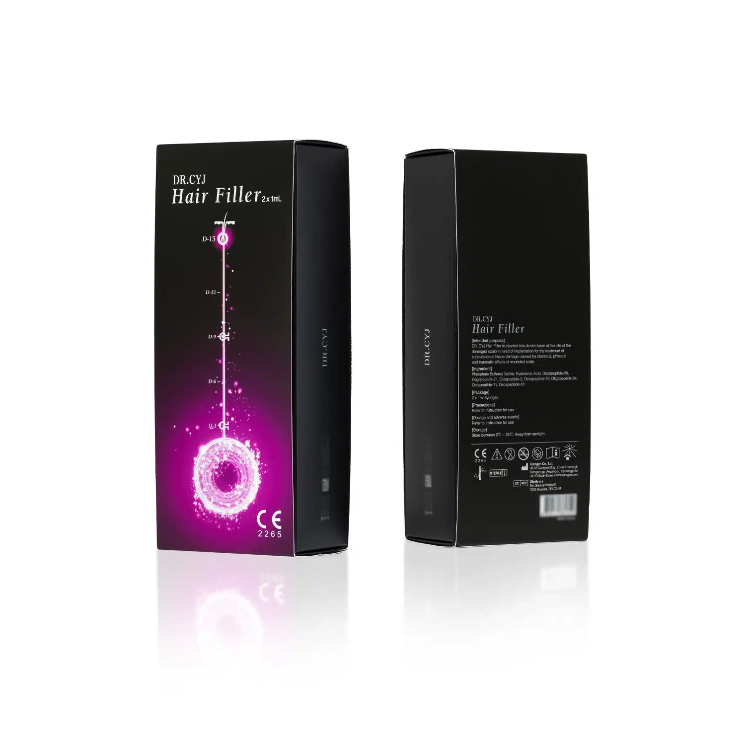 The image displays two black boxes of "DR. CYJ HAIR FILLER 2x1ml". The front of one box shows the product name with an illuminated pink graphic. The back of the other box lists product details, including usage instructions and certification logos.