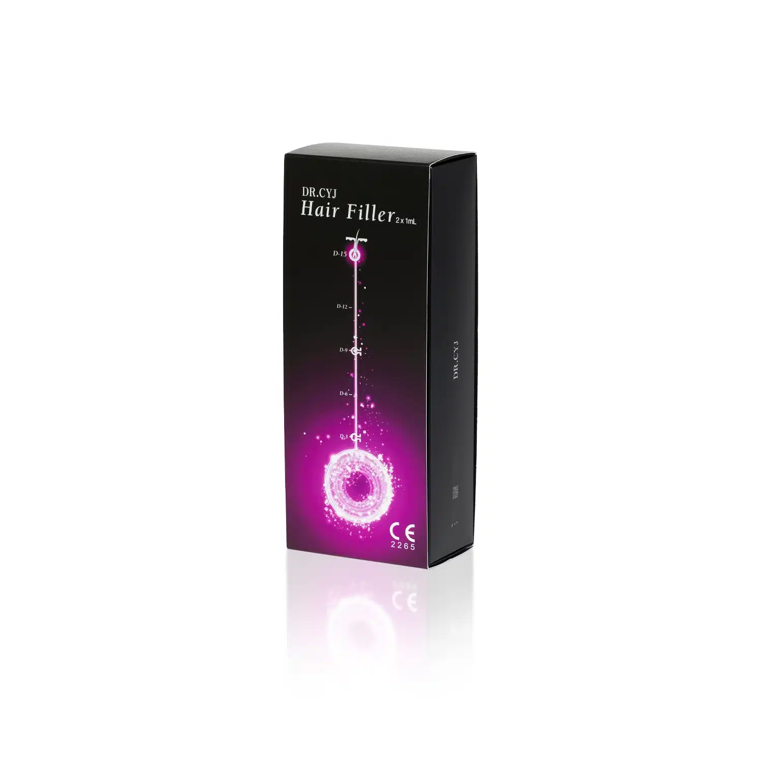 A black rectangular box for "DR. CYJ HAIR FILLER 2x1ml" on a white background. The front of the box features a gradient purple-pink graphic with concentric circles and sparkles, resembling a follicle. CE mark and text detailing the product are also visible.