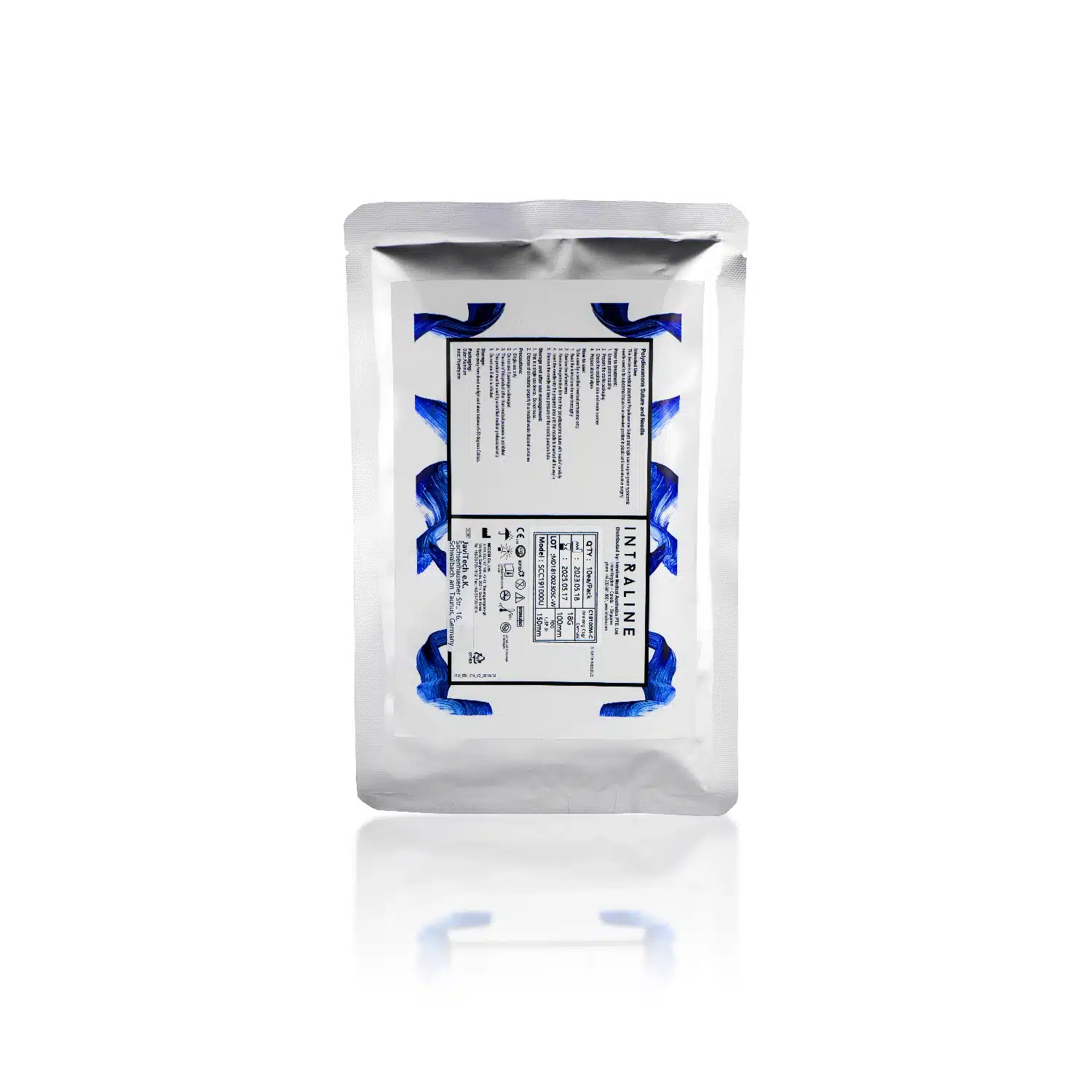 A silver, rectangular, metallic pouch stands vertically against a white background. The front displays a white label with black text containing product information and a barcode. Blue accents are visible around the edges of the label indicating INTRALINE® COG C18100M-C Dimension 720 18G 100mm.