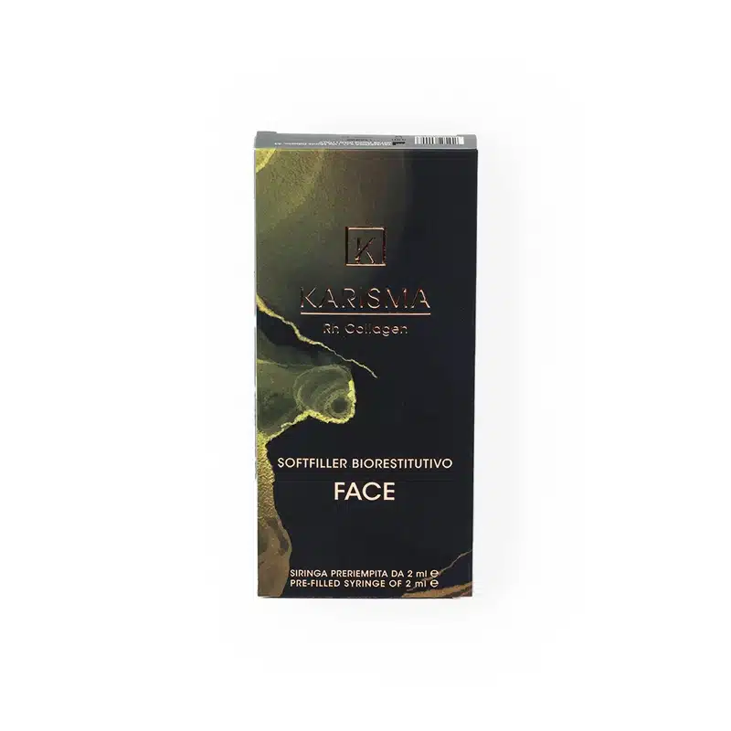 A black rectangular box of KARISMA RH COLLAGEN SOFTFILLER BIORESTITUTIVO FACE product containing Rh collagen. The packaging has gold and green accents with text and a logo on the front. The box also indicates a pre-filled syringe of 2.1 mL inside.