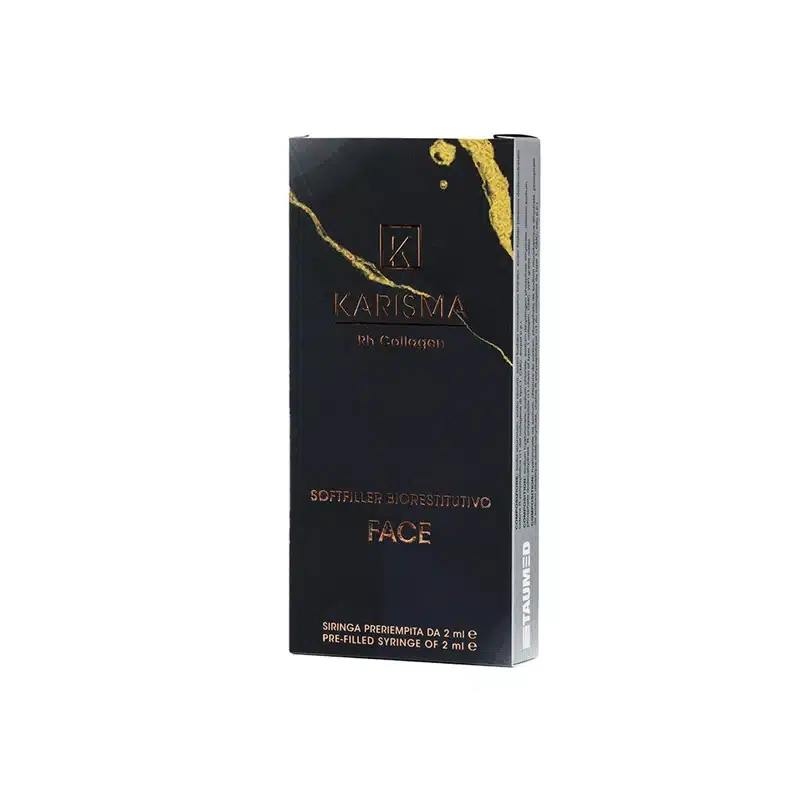 A black rectangular box with gold accents labeled "Karisma" and "KARISMA RH COLLAGEN SOFTFILLER BIORESTITUTIVO FACE" in Italian. The package indicates it contains a pre-filled syringe with 2 ml of product. The box design features a sleek, minimalist aesthetic.