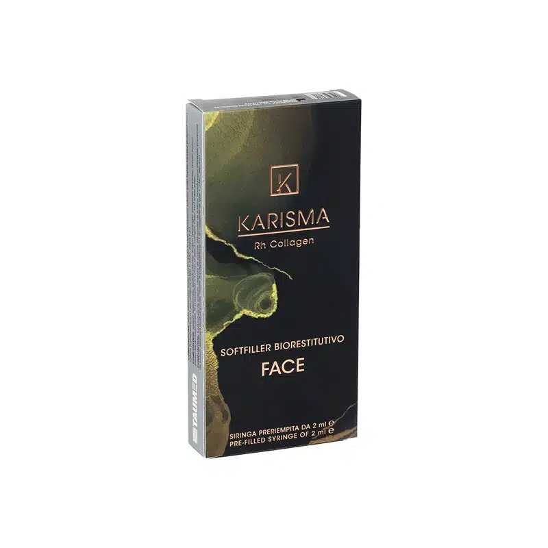 A black and gold box labeled "KARISMA RH COLLAGEN SOFTFILLER BIORESTITUTIVO FACE" containing a pre-filled 2ml syringe of facial bio-restitutive filler. The text on the box reads "SOFTFILLER BIORESTITUTIVO FACE" and "SIRINGA PRERIEMPITA DA 2 ml".