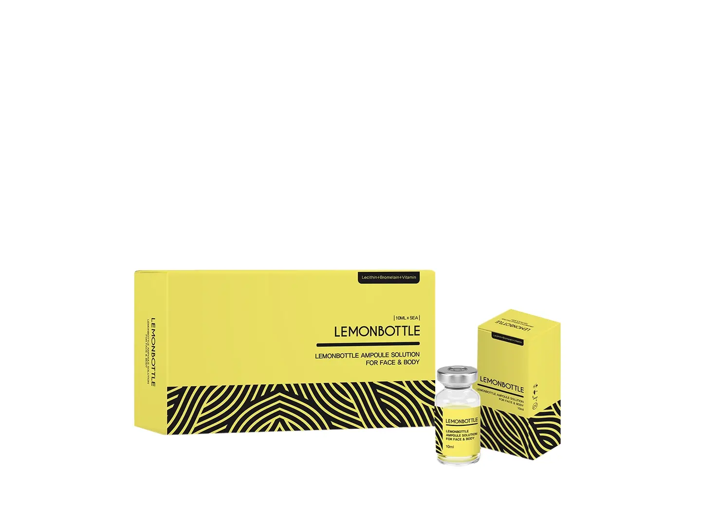 A yellow skincare product set includes a rectangular box, a smaller box, and a small vial. Both boxes have bold, black text that reads "LEMONBOTTLE AMPOULE SOLUTION 10ml" and a zebra-like black stripe pattern at the bottom. The vial has a silver cap with similar branding.