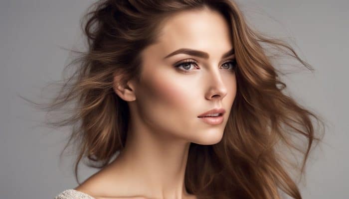 A confident and radiant woman with a youthful appearance.